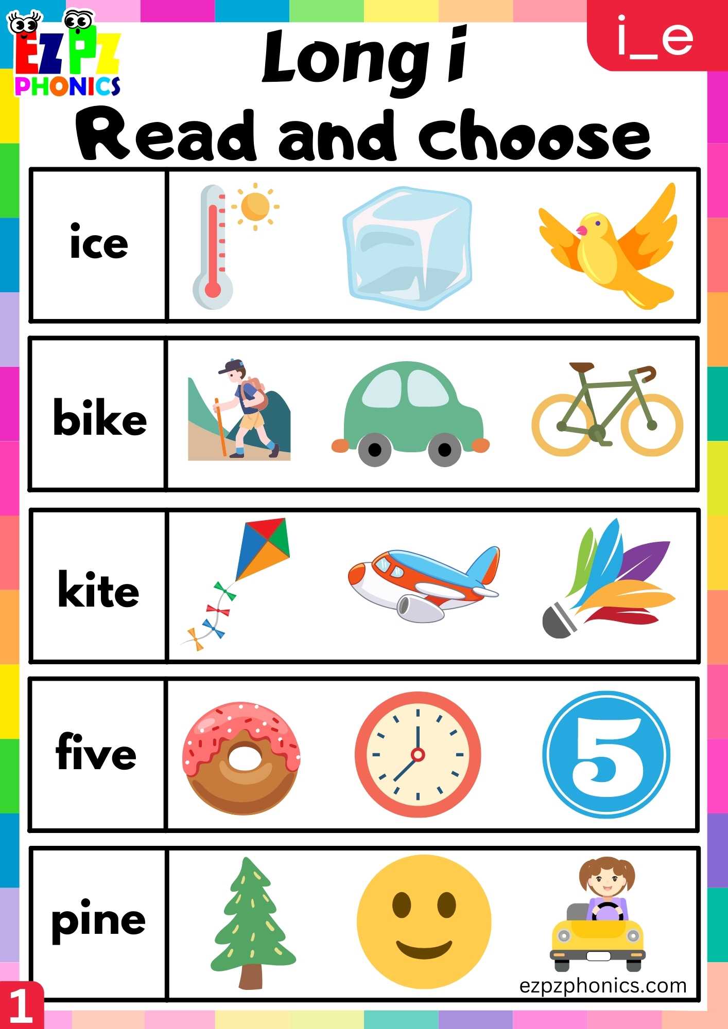 Group1 I_E Words Read And Choose Long I Phonics Worksheet